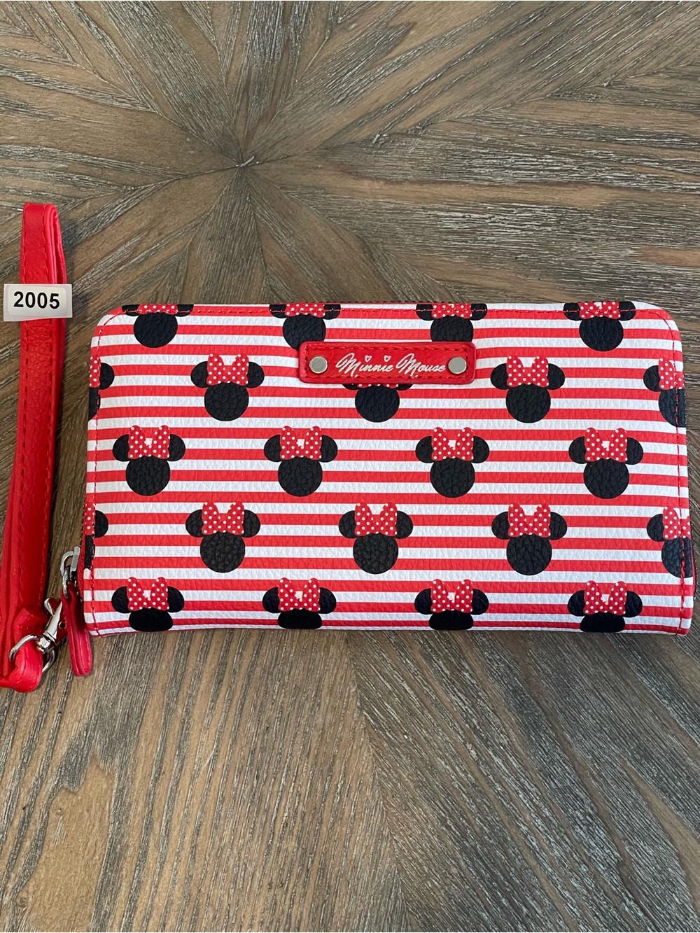 Minnie Mouse Red Striped Zip around Wristlet Wallet NWT